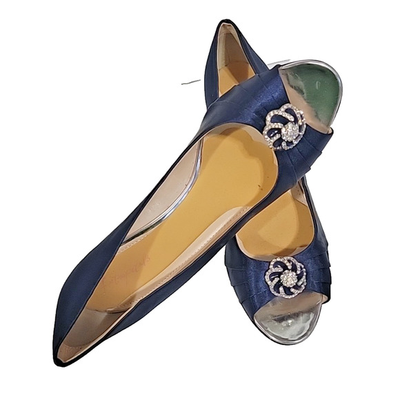 Erijunor Navy Blue Satin Peep-Toe Heels With Rhinestones Size 11B0 - Picture 5 of 14